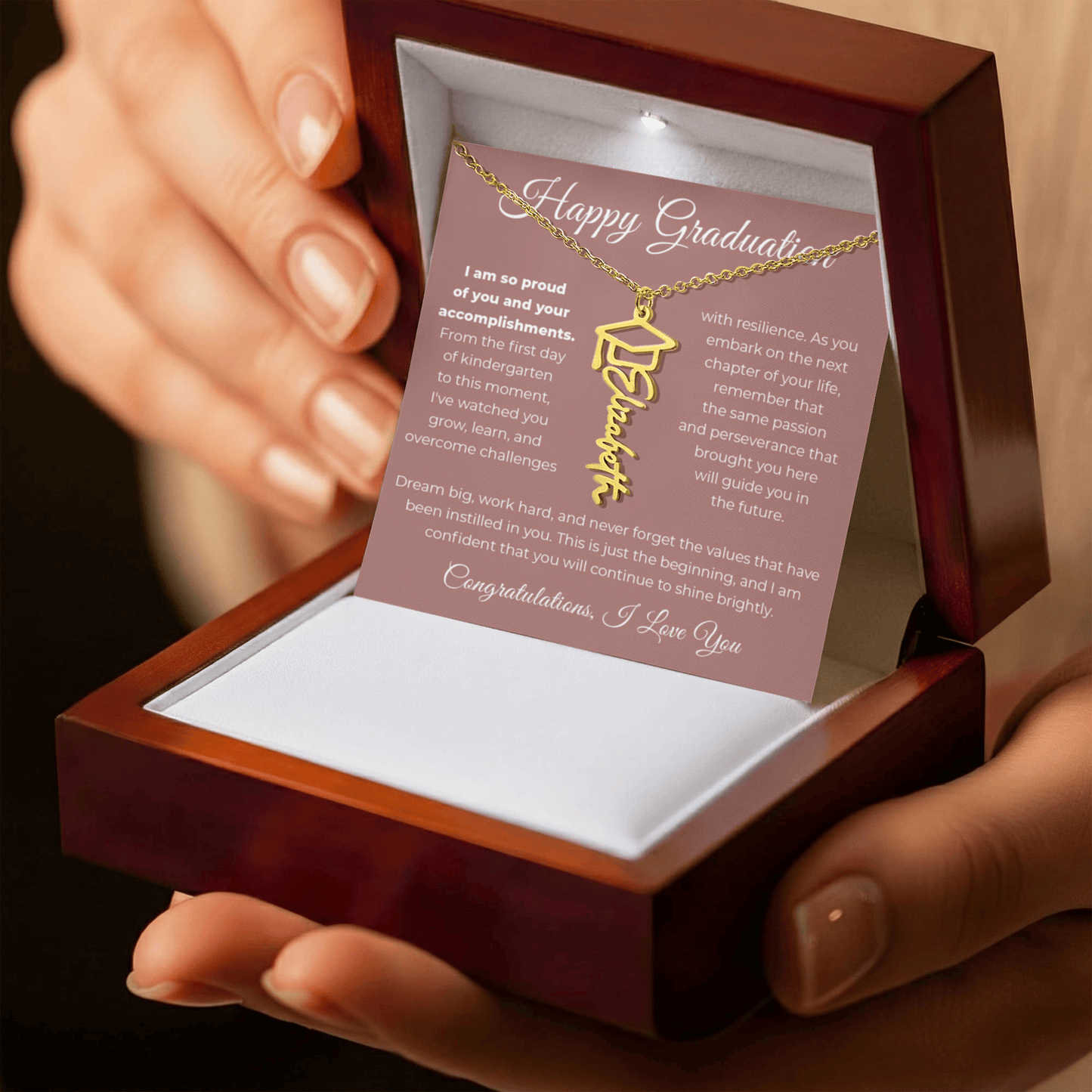 To Graduate - I Am So Proud - Graduation Cap Name Necklace – Personalised with Graduate's Name