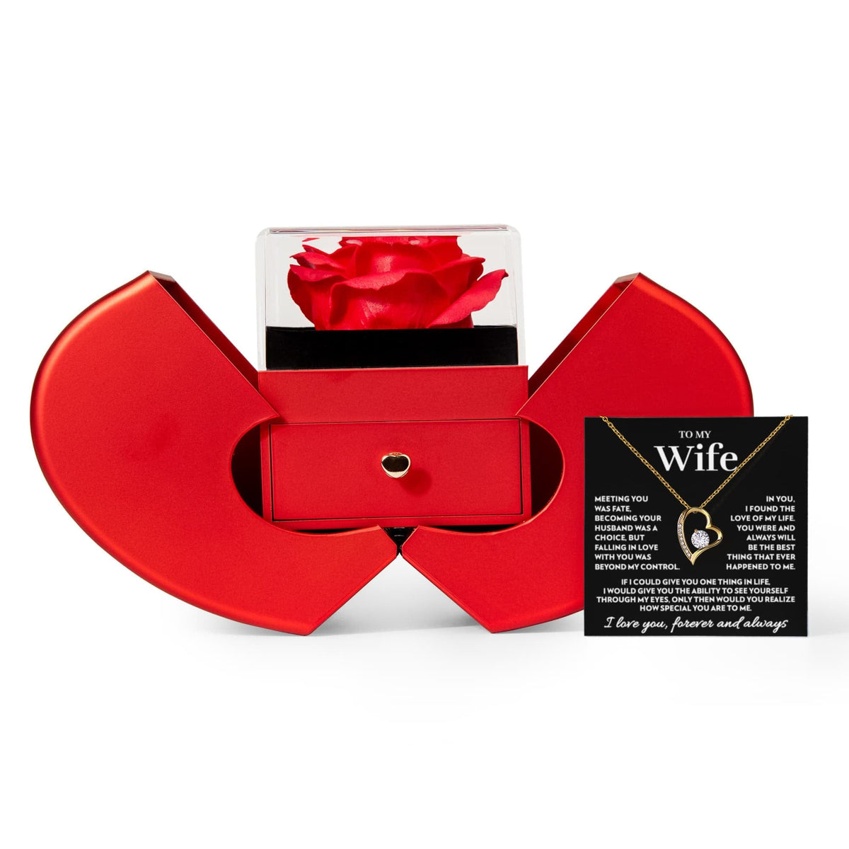 Red heart box with a soap rose next to the "To My Wife" message card with the heart pendant necklace in 18k yellow gold finish