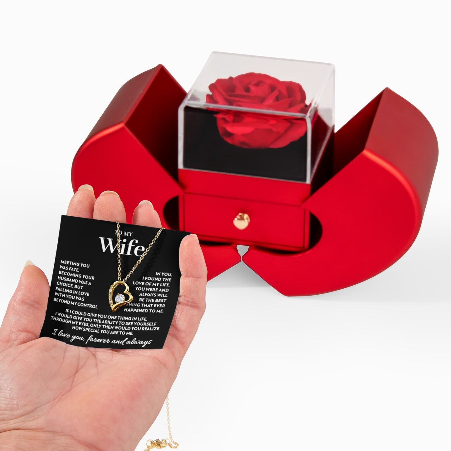 Gift for Wife - Love of My Life - Forever Love Necklace with Red Heart Rose Box