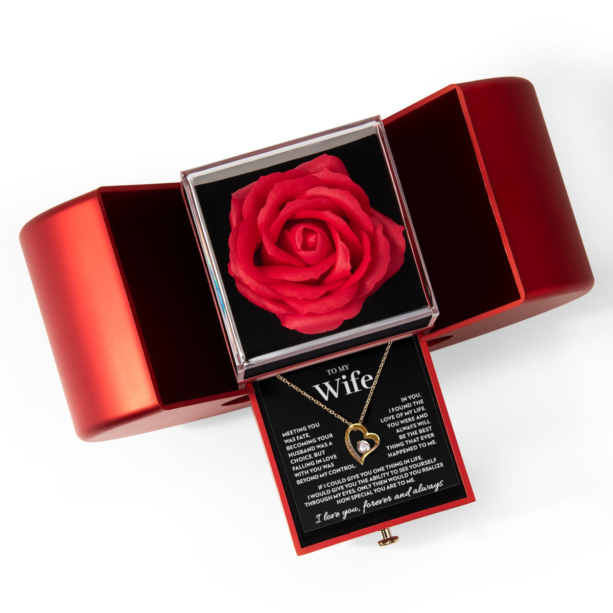 Open red heart box with a soap rose and the "To My Wife" message card with the heart pendant necklace in 18k yellow gold finish