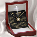 Mahogany style box with LED light holding the love knot pendant necklace in 18k yellow gold finish and the "To My Daughter" message card from Dad (Never Forget That I Love You)