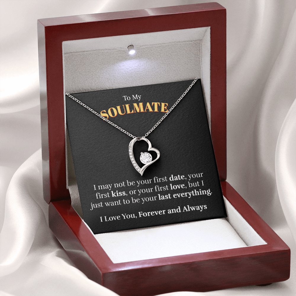 Mahogany style box with LED light holding the heart pendant necklace in 14k white gold finish and the "To My Soulmate" message card for wife or girlfriend