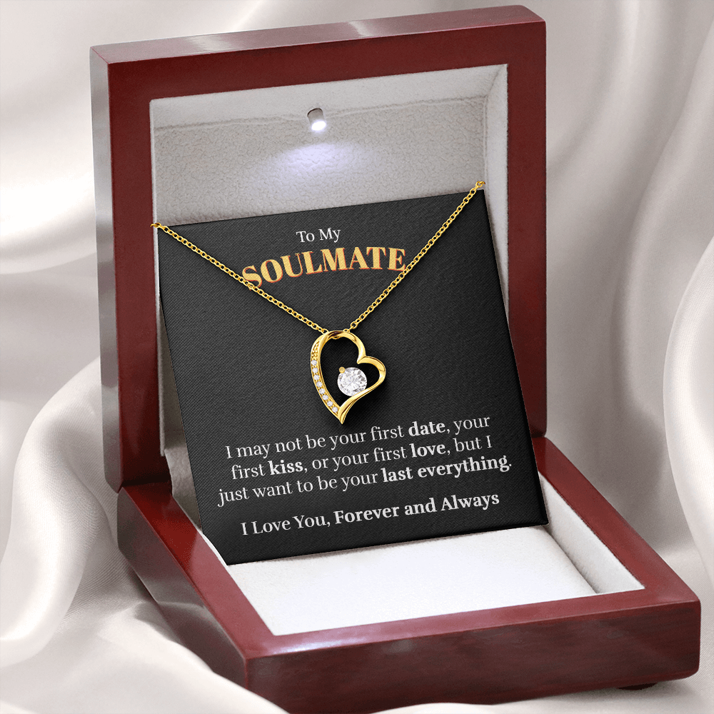 Mahogany style box with LED light holding the heart pendant necklace in 18k yellow gold finish and the "To My Soulmate" message card for wife or girlfriend