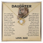 Love knot pendant necklace in 18k yellow gold finish on the "To My Daughter" message card from Dad (This Old Lion)
