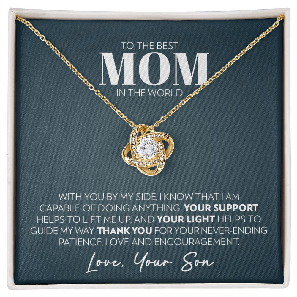 Love knot pendant necklace in 18k yellow gold finish on the "To the Best Mom in the World" message card from son