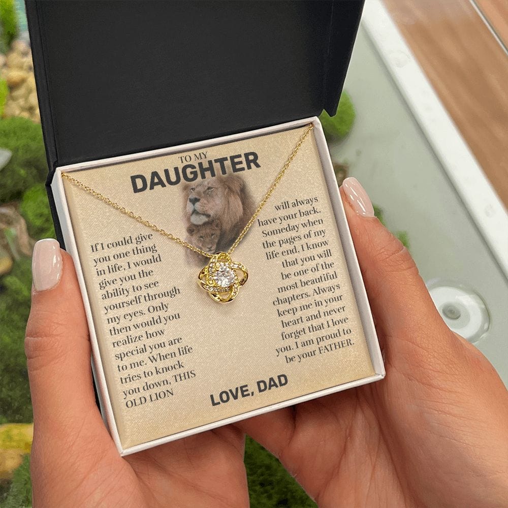 Love knot pendant necklace in 18k yellow gold finish with the "To My Daughter" message card from Dad (This Old Lion), in the two tone soft touch box