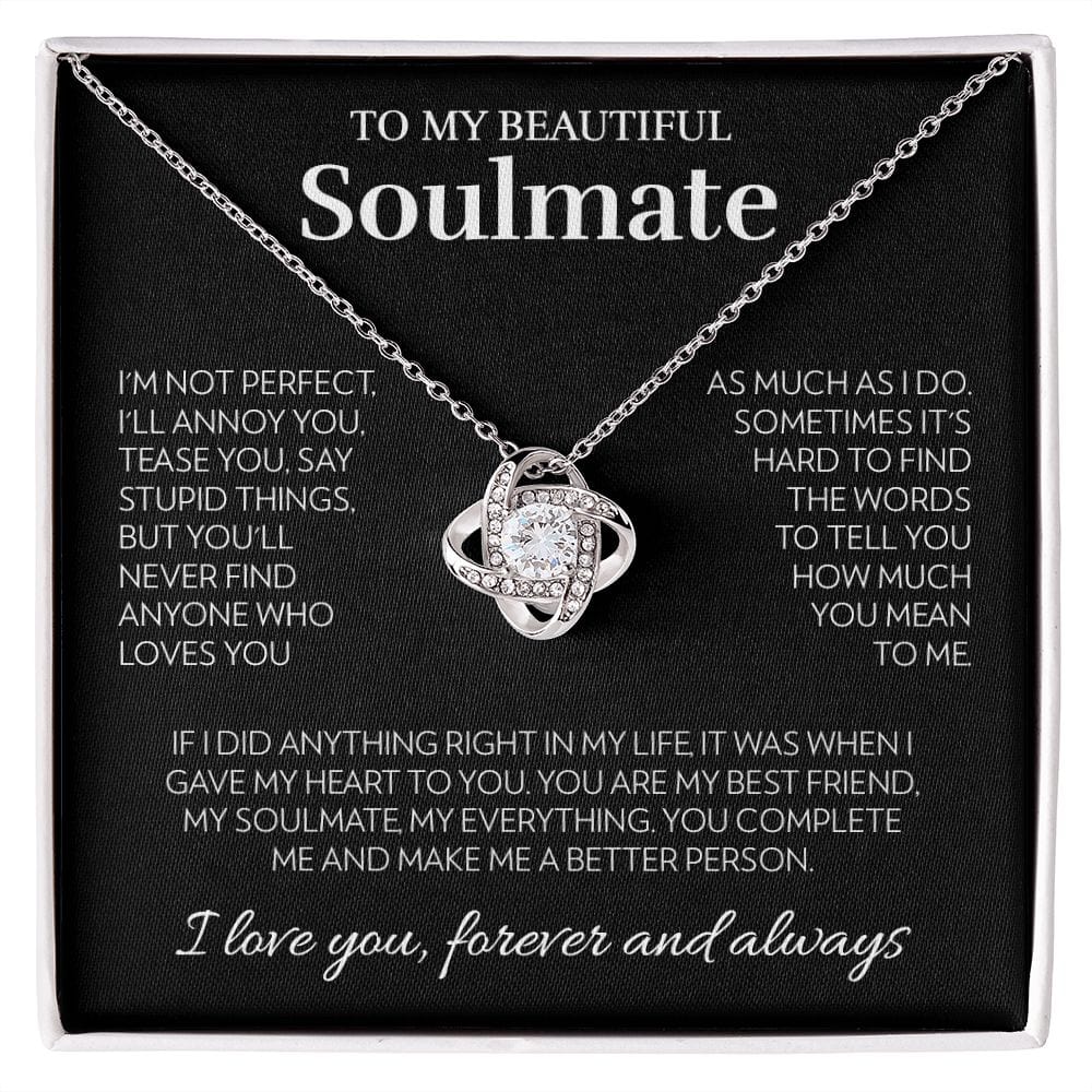 Love knot pendant necklace in 14k white gold finish on the "To My Beautiful Soulmate" message card for wife or girlfriend