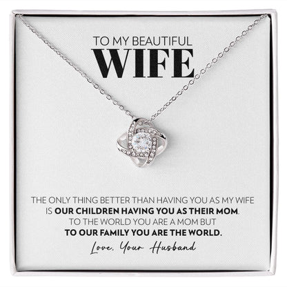 Love knot pendant necklace in 14k white gold finish on the "To My Beautiful Wife" message card from husband