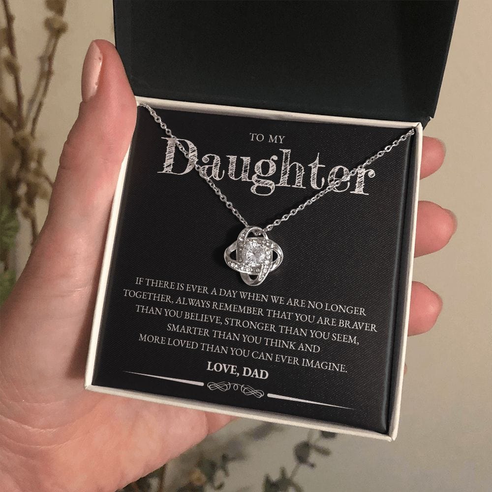 Love knot pendant necklace in 14k white gold finish with the "To My Daughter" message card from Dad (If There Is Ever a Day), in the two tone soft touch box