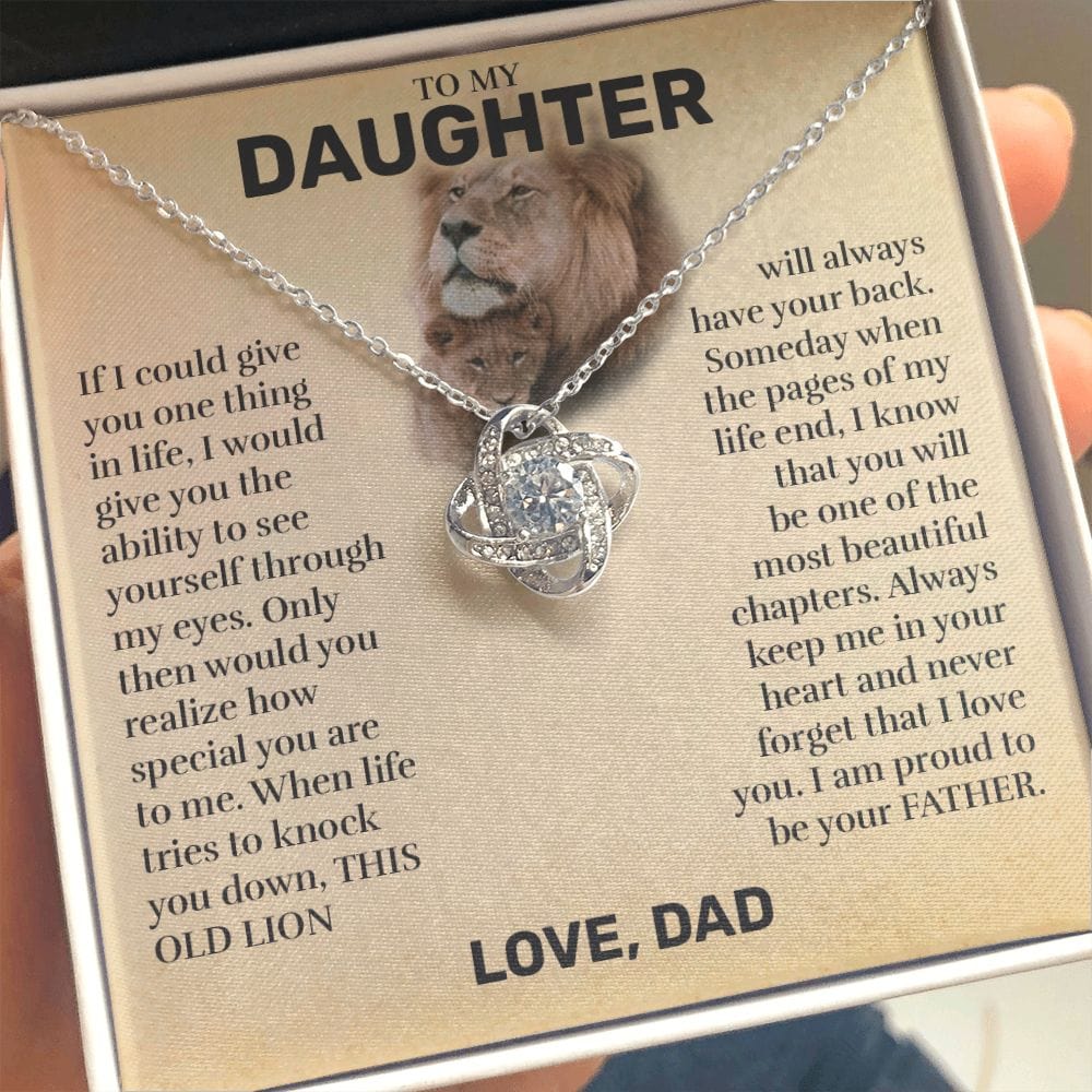 Love knot pendant necklace in 14k white gold finish on the "To My Daughter" message card from Dad (This Old Lion)