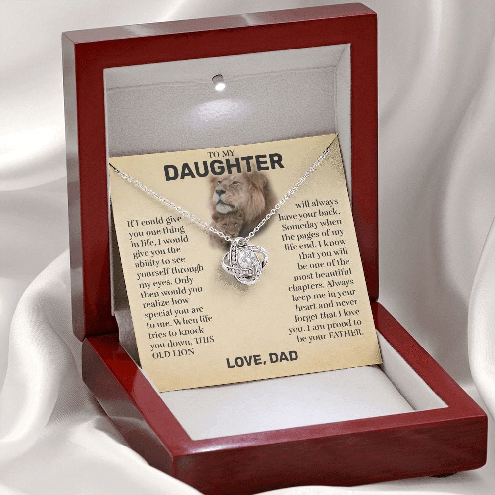Mahogany style box with LED light holding the love knot pendant necklace in 14k white gold finish and the "To My Daughter" message card from Dad (This Old Lion)