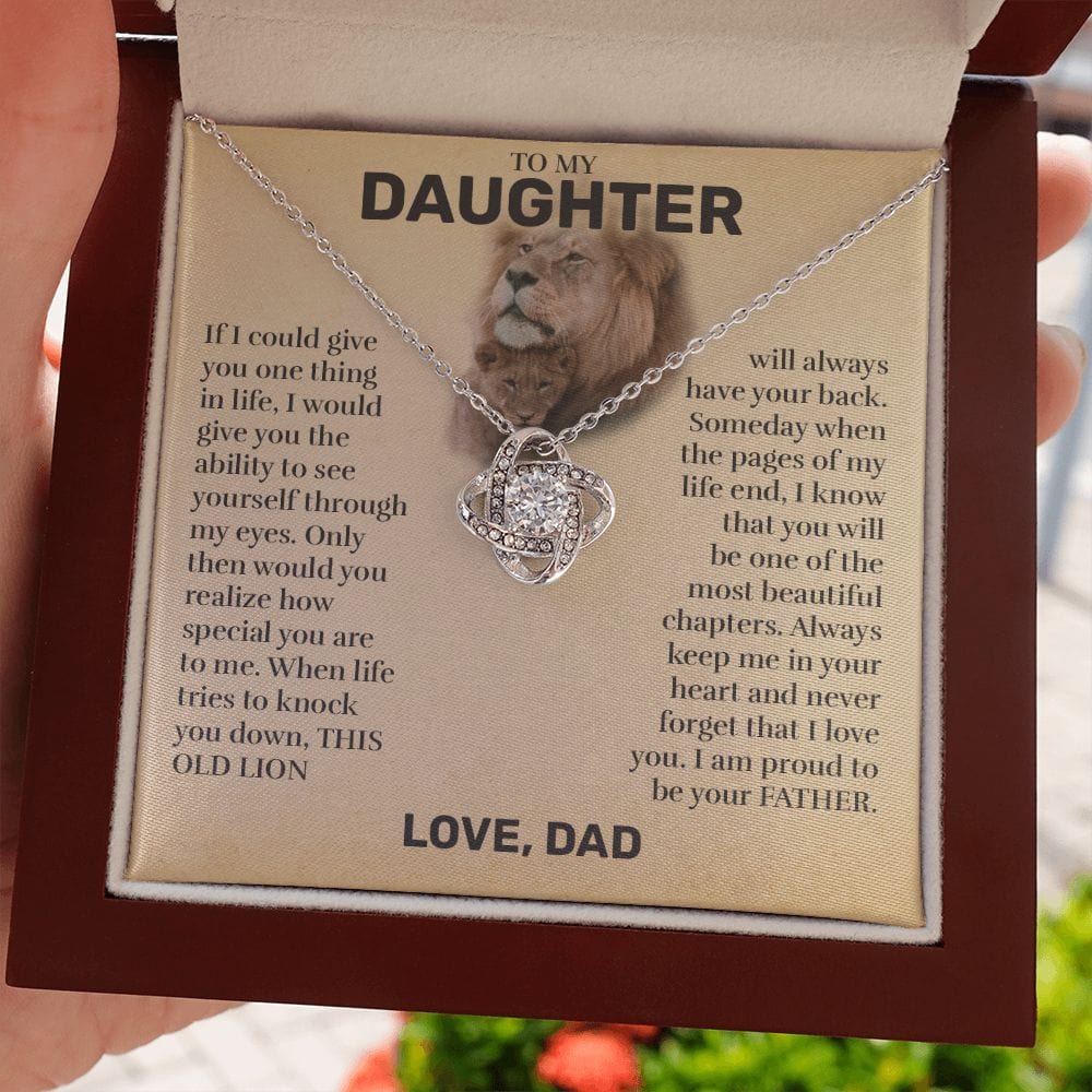 Mahogany style box with LED light holding the love knot pendant necklace in 14k white gold finish and the "To My Daughter" message card from Dad (This Old Lion)