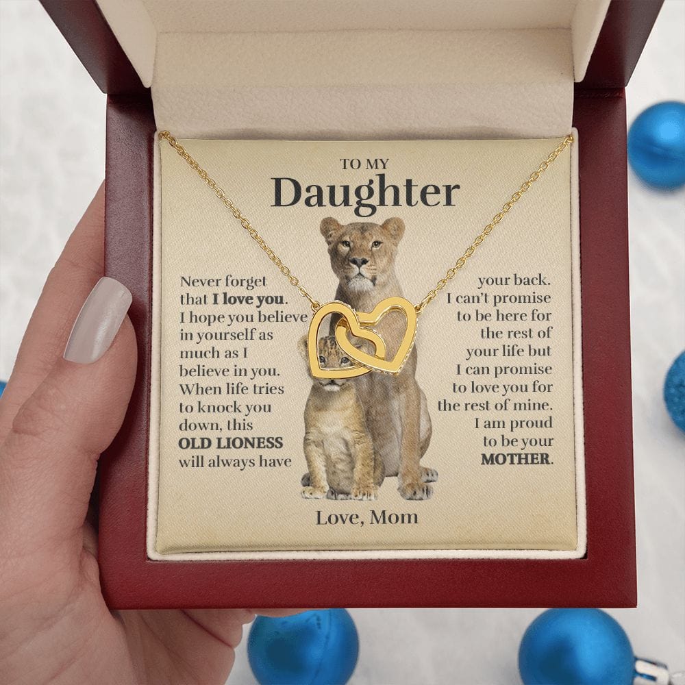 To My Daughter (From Mom) - Proud Old Lioness - Interlocking Hearts Necklace