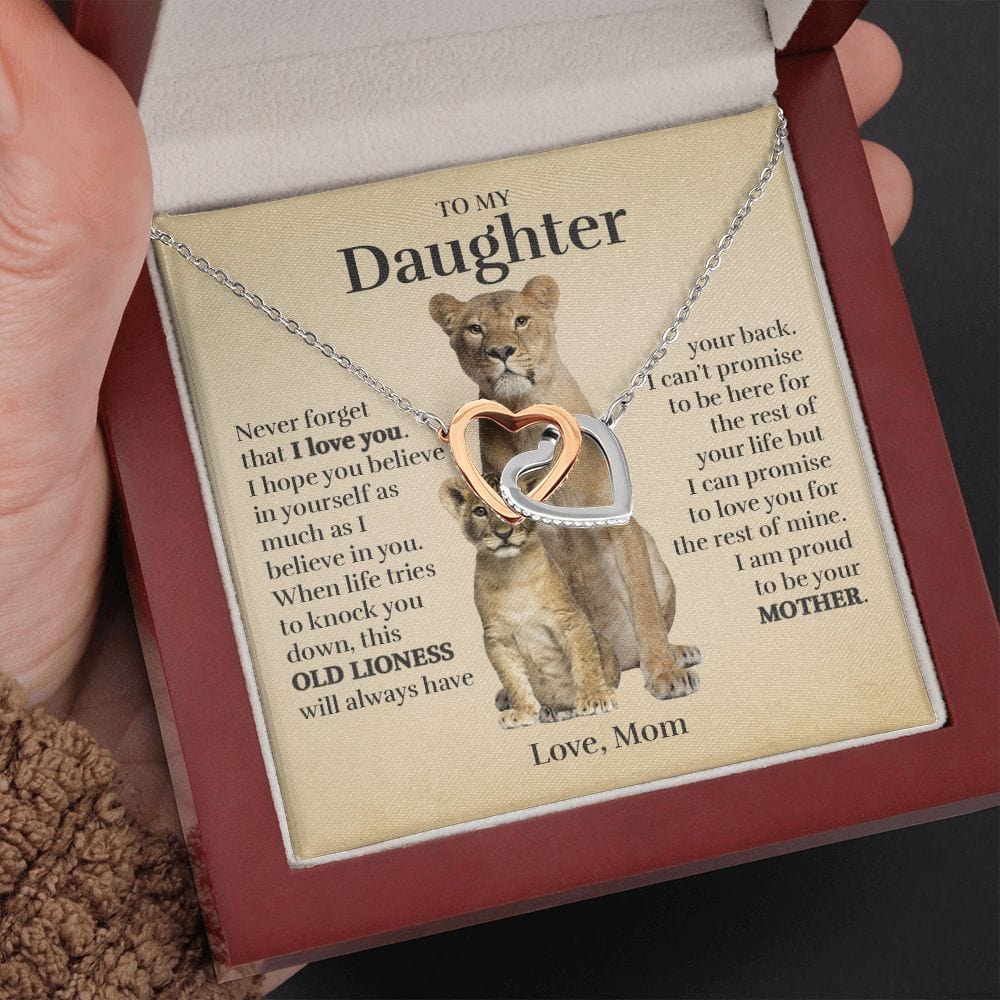 To My Daughter (From Mom) - Proud Old Lioness - Interlocking Hearts Necklace