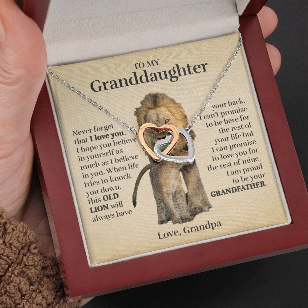 To My Granddaughter (From Grandpa) - Proud Old Lion - Interlocking Hearts Necklace
