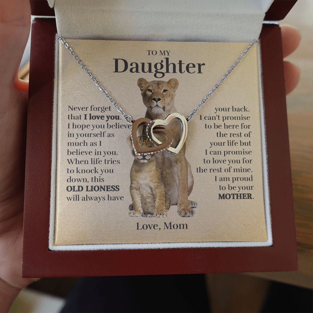 To My Daughter (From Mom) - Proud Old Lioness - Interlocking Hearts Necklace