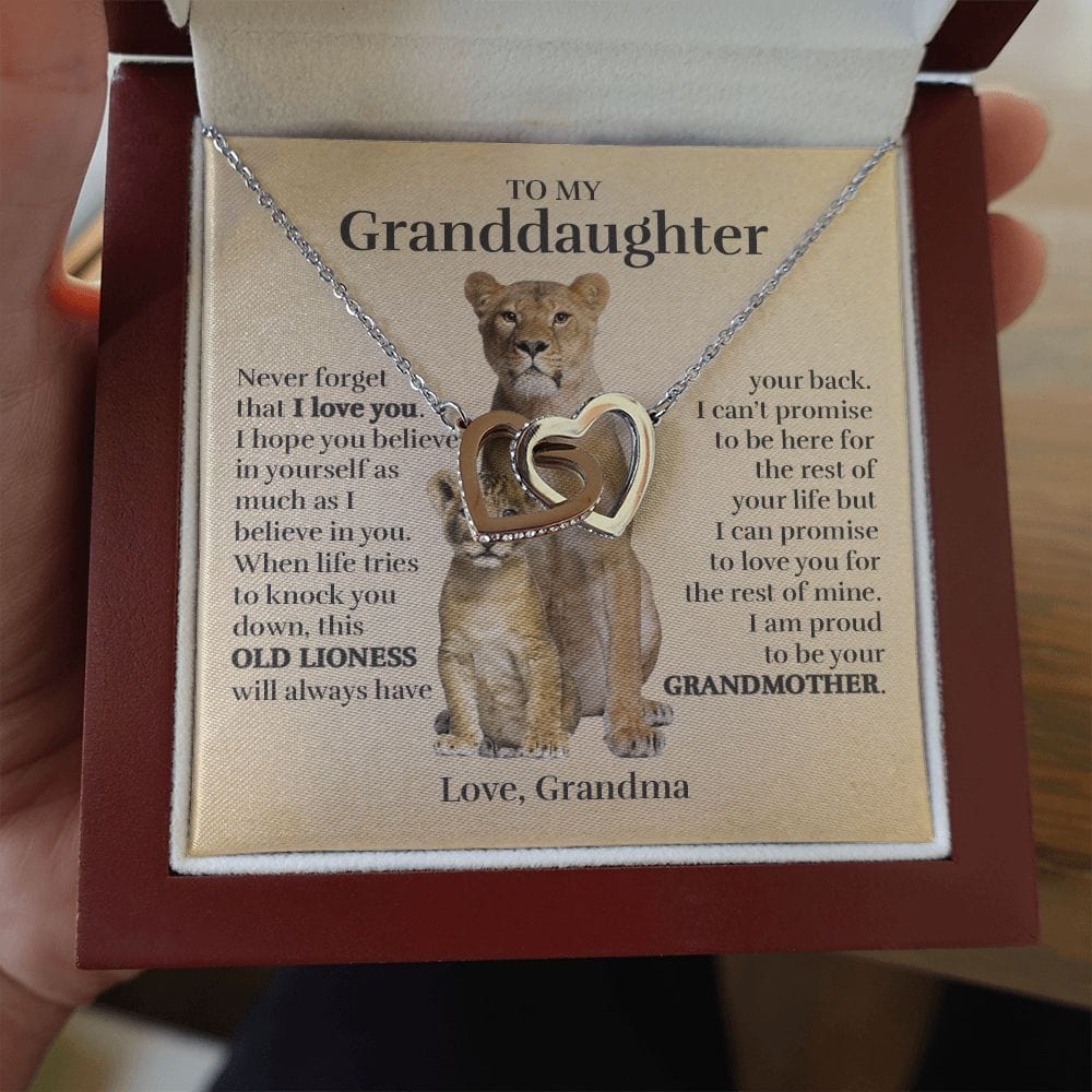 To My Granddaughter (From Grandma) - Proud Old Lioness - Interlocking Hearts Necklace