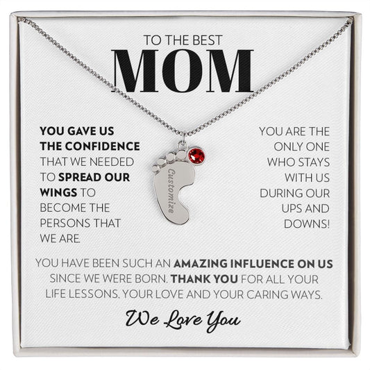 Mom (From Children) - Spread Our Wings - Custom Baby Feet Necklace with Birthstone