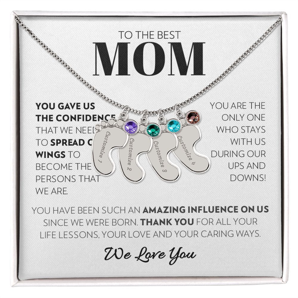Mom (From Children) - Spread Our Wings - Custom Baby Feet Necklace with Birthstone