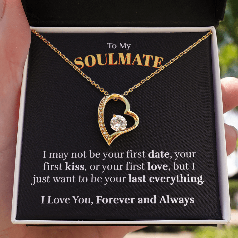 Heart pendant necklace in 18k yellow gold finish with the "To My Soulmate" message card for wife or girlfriend, in the two tone soft touch box