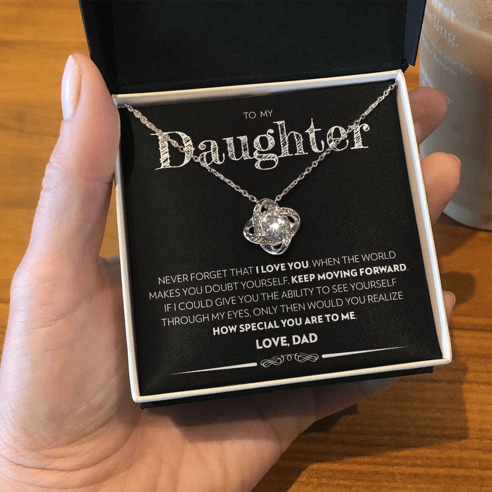 Love knot pendant necklace in 14k white gold finish with the "To My Daughter" message card from Dad (Keep Moving Forward), in the two tone soft touch box
