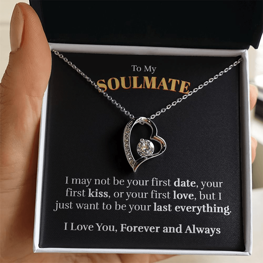 Heart pendant necklace in 14k white gold finish with the "To My Soulmate" message card for wife or girlfriend, in the two tone soft touch box