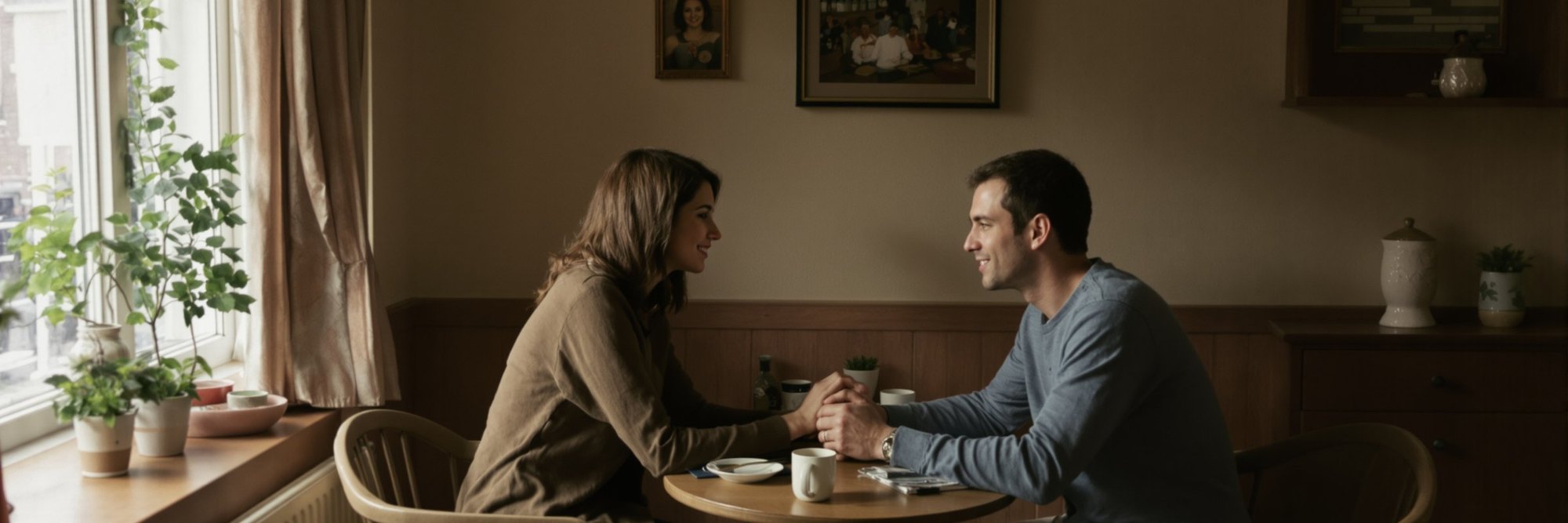 A couple holding hands across a small kitchen table in warm window light