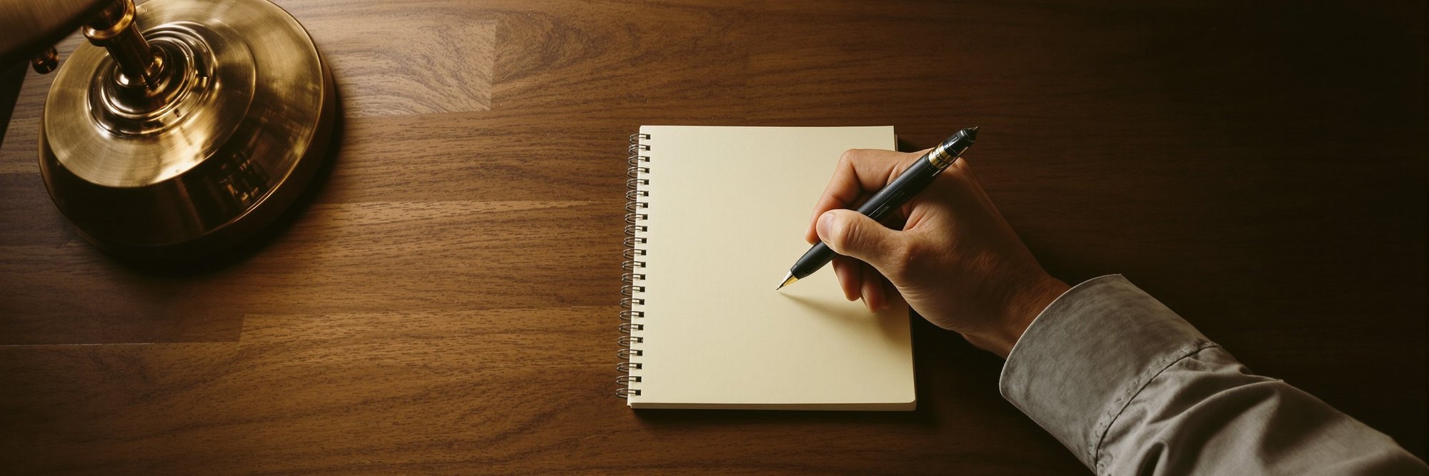 A hand writing a note in a small notebook on a wooden desk