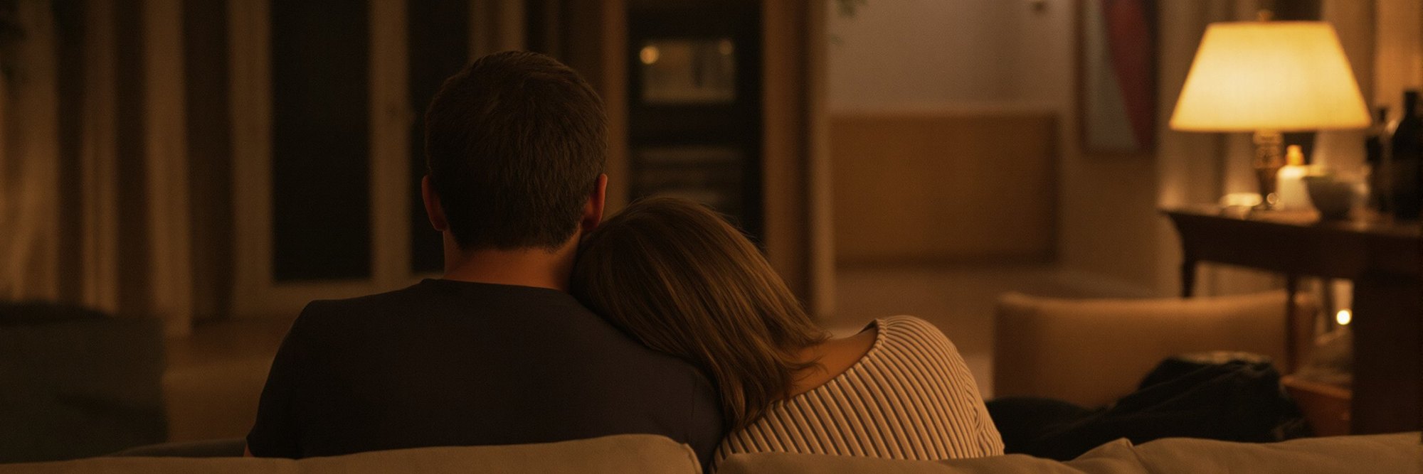 A wife resting her head on her husband's shoulder on the sofa in a warm, lamp-lit living room