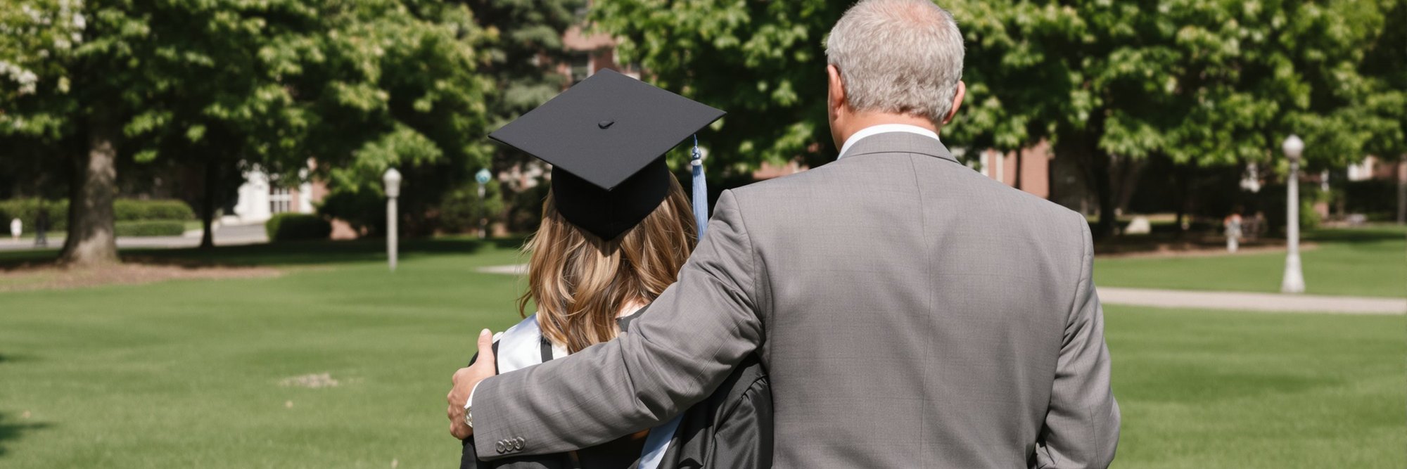 A father with his arm around his daughter in her graduation cap on a green campus