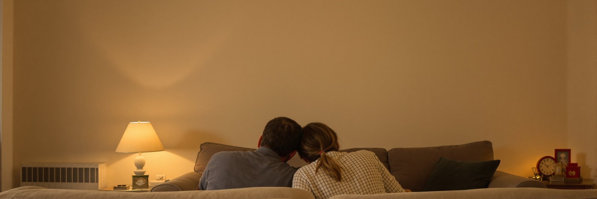 A husband and wife sitting close together on a sofa in a lamp-lit living room